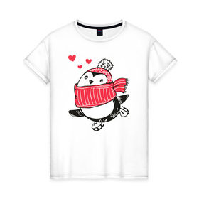 Женская футболка хлопок с принтом Пингвинчик на коньках в Курске, 100% хлопок | прямой крой, круглый вырез горловины, длина до линии бедер, слегка спущенное плечо | 