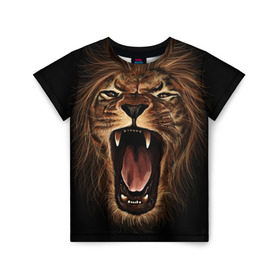 Детская футболка 3D с принтом Львиный рык в Курске, 100% гипоаллергенный полиэфир | прямой крой, круглый вырез горловины, длина до линии бедер, чуть спущенное плечо, ткань немного тянется | animal | beast | cat | feline | king | lion | meow | pussy | rage | roar | животное | зверь | король | кот | кошка | лев | львица | мяу | рык | хищник | царь | ярость