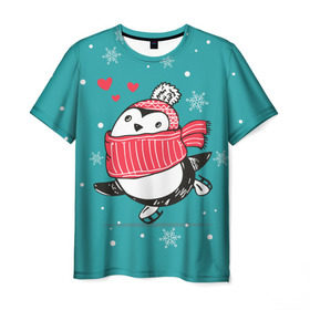 Мужская футболка 3D с принтом Пингвинчик на коньках в Курске, 100% полиэфир | прямой крой, круглый вырез горловины, длина до линии бедер | Тематика изображения на принте: 14 февраля | день святого валентина | зима | пингвин | снег | снежинки
