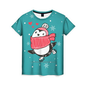 Женская футболка 3D с принтом Пингвинчик на коньках в Курске, 100% полиэфир ( синтетическое хлопкоподобное полотно) | прямой крой, круглый вырез горловины, длина до линии бедер | Тематика изображения на принте: 14 февраля | день святого валентина | зима | пингвин | снег | снежинки