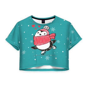 Женская футболка 3D укороченная с принтом Пингвинчик на коньках в Курске, 100% полиэстер | круглая горловина, длина футболки до линии талии, рукава с отворотами | 14 февраля | день святого валентина | зима | пингвин | снег | снежинки