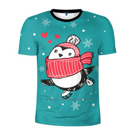 Мужская футболка 3D спортивная с принтом Пингвинчик на коньках в Курске, 100% полиэстер с улучшенными характеристиками | приталенный силуэт, круглая горловина, широкие плечи, сужается к линии бедра | 14 февраля | день святого валентина | зима | пингвин | снег | снежинки