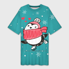 Платье-футболка 3D с принтом Пингвинчик на коньках в Курске,  |  | Тематика изображения на принте: 14 февраля | день святого валентина | зима | пингвин | снег | снежинки