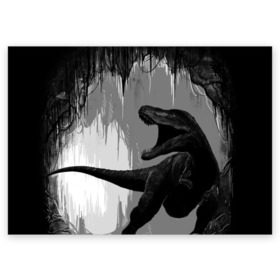 Поздравительная открытка с принтом Пещера динозавра в Курске, 100% бумага | плотность бумаги 280 г/м2, матовая, на обратной стороне линовка и место для марки
 | animal | beast | dino | rage | roar | динозавр | животное | зверь | земля | пещера | рык | эра | ярость