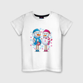 Детская футболка хлопок с принтом Снеговики. Любовь. Рождество. в Курске, 100% хлопок | круглый вырез горловины, полуприлегающий силуэт, длина до линии бедер | 