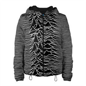 Женская куртка 3D с принтом Joy Division. Unknown Pleasures в Курске, ткань верха — 100% полиэстер, подклад — флис | прямой крой, подол и капюшон оформлены резинкой с фиксаторами, два кармана без застежек по бокам, один большой потайной карман на груди. Карман на груди застегивается на липучку | Тематика изображения на принте: joy division | альбом | волны | горы | линии | обложка | панк | рок