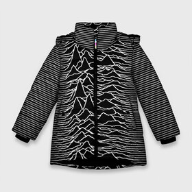 Зимняя куртка для девочек 3D с принтом Joy Division Unknown Pleasures в Курске, ткань верха — 100% полиэстер; подклад — 100% полиэстер, утеплитель — 100% полиэстер. | длина ниже бедра, удлиненная спинка, воротник стойка и отстегивающийся капюшон. Есть боковые карманы с листочкой на кнопках, утяжки по низу изделия и внутренний карман на молнии. 

Предусмотрены светоотражающий принт на спинке, радужный светоотражающий элемент на пуллере молнии и на резинке для утяжки. | joy division | альбом | волны | горы | линии | обложка | панк | рок