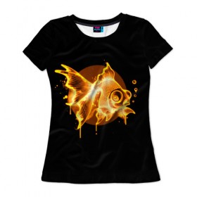 Женская футболка 3D с принтом Золотая рыбка в Курске, 100% полиэфир ( синтетическое хлопкоподобное полотно) | прямой крой, круглый вырез горловины, длина до линии бедер | агрессивные | арт | веселые | дыым | интересные | новинки | огонь | пламя | популярное | узор