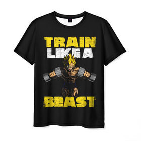 Мужская футболка 3D с принтом Train Like a Beast в Курске, 100% полиэфир | прямой крой, круглый вырез горловины, длина до линии бедер | dragon ball | strong | workout | воркаут | драгон бол