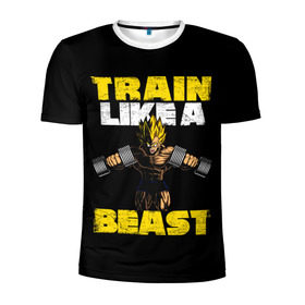 Мужская футболка 3D спортивная с принтом Train Like a Beast в Курске, 100% полиэстер с улучшенными характеристиками | приталенный силуэт, круглая горловина, широкие плечи, сужается к линии бедра | dragon ball | strong | workout | воркаут | драгон бол