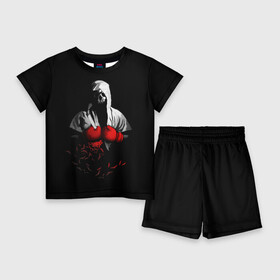 Детский костюм с шортами 3D с принтом Мертвый боксер в Курске,  |  | bone | boxing | combat | fight | fighter | kickboxing | muay thai | skelet | skull | wrestling | боец | бой | бокс | боксер | драка | кикбоксинг | кости | май тай | скелет | череп