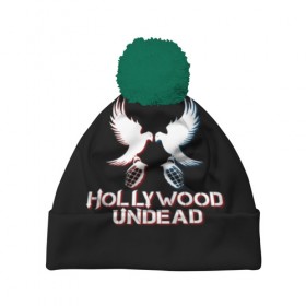 Шапка 3D c помпоном с принтом Hollywood Undead в Курске, 100% полиэстер | универсальный размер, печать по всей поверхности изделия | hollywood undead