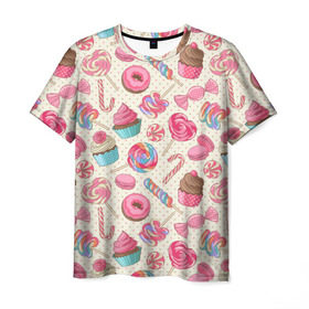 Мужская футболка 3D с принтом Радости и сладости в Курске, 100% полиэфир | прямой крой, круглый вырез горловины, длина до линии бедер | Тематика изображения на принте: глазурь | кексы | конфеты | леденцы | пончик | сладости