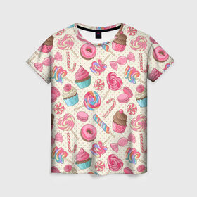 Женская футболка 3D с принтом Радости и сладости в Курске, 100% полиэфир ( синтетическое хлопкоподобное полотно) | прямой крой, круглый вырез горловины, длина до линии бедер | глазурь | кексы | конфеты | леденцы | пончик | сладости