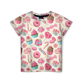 Детская футболка 3D с принтом Радости и сладости в Курске, 100% гипоаллергенный полиэфир | прямой крой, круглый вырез горловины, длина до линии бедер, чуть спущенное плечо, ткань немного тянется | глазурь | кексы | конфеты | леденцы | пончик | сладости