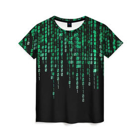 Женская футболка 3D с принтом Матрица в Курске, 100% полиэфир ( синтетическое хлопкоподобное полотно) | прямой крой, круглый вырез горловины, длина до линии бедер | background | black | green | matrix | movie | numbers | зеленые | матрица | фильм | фон | цифры | черный