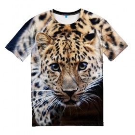 Мужская футболка 3D с принтом Леопард в Курске, 100% полиэфир | прямой крой, круглый вырез горловины, длина до линии бедер | взгляд | глаза | дикая кошка | леопард | хищник