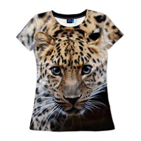 Женская футболка 3D с принтом Леопард в Курске, 100% полиэфир ( синтетическое хлопкоподобное полотно) | прямой крой, круглый вырез горловины, длина до линии бедер | взгляд | глаза | дикая кошка | леопард | хищник