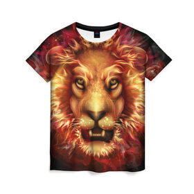 Женская футболка 3D с принтом Огненный лев в Курске, 100% полиэфир ( синтетическое хлопкоподобное полотно) | прямой крой, круглый вырез горловины, длина до линии бедер | animal | fire | flame | head | lion | look | predator | взгляд | голова | животное | лев | огненный | огонь | пламя | хищник