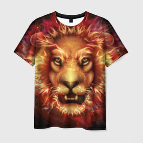 Мужская футболка 3D с принтом Огненный лев в Курске, 100% полиэфир | прямой крой, круглый вырез горловины, длина до линии бедер | animal | fire | flame | head | lion | look | predator | взгляд | голова | животное | лев | огненный | огонь | пламя | хищник