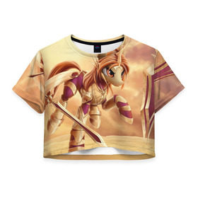 Женская футболка 3D укороченная с принтом Pony Leona в Курске, 100% полиэстер | круглая горловина, длина футболки до линии талии, рукава с отворотами | Тематика изображения на принте: league of legends | leona | lol | pony | леона | лига легенд | лол | пони