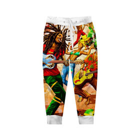 Детские брюки 3D с принтом Ямайка, Боб Марли в Курске, 100% полиэстер | манжеты по низу, эластичный пояс регулируется шнурком, по бокам два кармана без застежек, внутренняя часть кармана из мелкой сетки | reggae bob marley | праздник | регги | танцы
