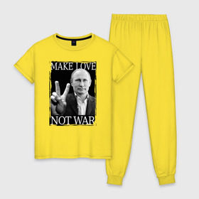 Женская пижама хлопок с принтом Make love not war в Курске, 100% хлопок | брюки и футболка прямого кроя, без карманов, на брюках мягкая резинка на поясе и по низу штанин | 