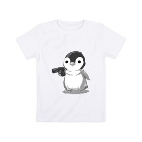 Детская футболка хлопок с принтом пингвин в Курске, 100% хлопок | круглый вырез горловины, полуприлегающий силуэт, длина до линии бедер | gun | penguin | shotgun | tmblr | tumbler | пингвин | пистолет