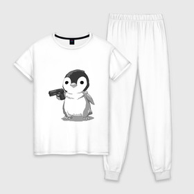 Женская пижама хлопок с принтом пингвин в Курске, 100% хлопок | брюки и футболка прямого кроя, без карманов, на брюках мягкая резинка на поясе и по низу штанин | gun | penguin | shotgun | tmblr | tumbler | пингвин | пистолет