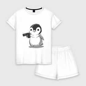 Женская пижама с шортиками хлопок с принтом пингвин в Курске, 100% хлопок | футболка прямого кроя, шорты свободные с широкой мягкой резинкой | gun | penguin | shotgun | tmblr | tumbler | пингвин | пистолет