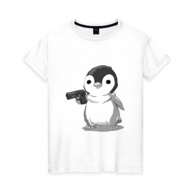 Женская футболка хлопок с принтом пингвин в Курске, 100% хлопок | прямой крой, круглый вырез горловины, длина до линии бедер, слегка спущенное плечо | gun | penguin | shotgun | tmblr | tumbler | пингвин | пистолет