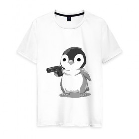 Мужская футболка хлопок с принтом пингвин в Курске, 100% хлопок | прямой крой, круглый вырез горловины, длина до линии бедер, слегка спущенное плечо. | gun | penguin | shotgun | tmblr | tumbler | пингвин | пистолет