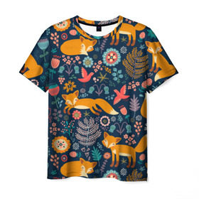 Мужская футболка 3D с принтом Лисички паттерн в Курске, 100% полиэфир | прямой крой, круглый вырез горловины, длина до линии бедер | Тематика изображения на принте: fox | животные | лиса | лисичка | лисы | осень | рыжая | фыр фыр | цветы