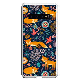 Чехол для Samsung Galaxy S10 с принтом Лисички паттерн в Курске, Силикон | Область печати: задняя сторона чехла, без боковых панелей | Тематика изображения на принте: fox | животные | лиса | лисичка | лисы | осень | рыжая | фыр фыр | цветы