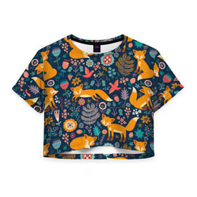 Женская футболка 3D укороченная с принтом Лисички паттерн в Курске, 100% полиэстер | круглая горловина, длина футболки до линии талии, рукава с отворотами | fox | животные | лиса | лисичка | лисы | осень | рыжая | фыр фыр | цветы