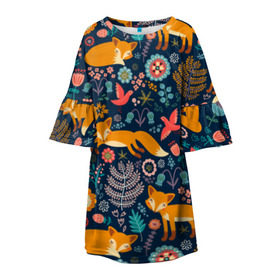 Детское платье 3D с принтом Лисички паттерн в Курске, 100% полиэстер | прямой силуэт, чуть расширенный к низу. Круглая горловина, на рукавах — воланы | fox | животные | лиса | лисичка | лисы | осень | рыжая | фыр фыр | цветы