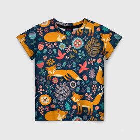Детская футболка 3D с принтом Лисички паттерн в Курске, 100% гипоаллергенный полиэфир | прямой крой, круглый вырез горловины, длина до линии бедер, чуть спущенное плечо, ткань немного тянется | fox | животные | лиса | лисичка | лисы | осень | рыжая | фыр фыр | цветы
