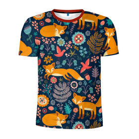 Мужская футболка 3D спортивная с принтом Лисички паттерн в Курске, 100% полиэстер с улучшенными характеристиками | приталенный силуэт, круглая горловина, широкие плечи, сужается к линии бедра | fox | животные | лиса | лисичка | лисы | осень | рыжая | фыр фыр | цветы