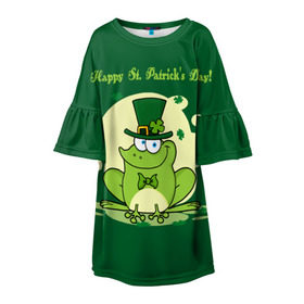Детское платье 3D с принтом Ирландия в Курске, 100% полиэстер | прямой силуэт, чуть расширенный к низу. Круглая горловина, на рукавах — воланы | clover | frog | green | happy st. patricks day | ireland | irish | moon | день святого патрика | зелёная | ирландец | ирландия | клевер | луна | лягушка | счастливый | шляпа