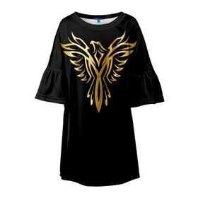 Детское платье 3D с принтом Gold Phoenix в Курске, 100% полиэстер | прямой силуэт, чуть расширенный к низу. Круглая горловина, на рукавах — воланы | Тематика изображения на принте: злато | золото | клюв | крылья | металл | орёл | птица | феникс