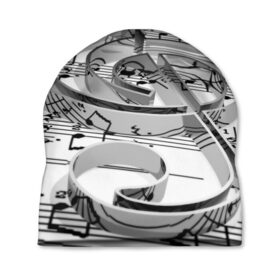 Шапка 3D с принтом Скрипичный ключ в Курске, 100% полиэстер | универсальный размер, печать по всей поверхности изделия | metal | mirrored | music | notes | sign | treble clef | зеркальный | знак | металл | музыка | ноты | скрипичный ключ