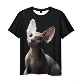 Мужская футболка 3D с принтом Сфинкс в Курске, 100% полиэфир | прямой крой, круглый вырез горловины, длина до линии бедер | black | cat | взгляд | кот | котик | котэ | кошка | сфинкс | уши | черный