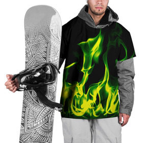Накидка на куртку 3D с принтом Зелёный огонь в Курске, 100% полиэстер |  | пламя | черный | яркий
