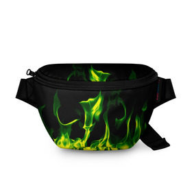 Поясная сумка 3D с принтом Зелёный огонь в Курске, 100% полиэстер | плотная ткань, ремень с регулируемой длиной, внутри несколько карманов для мелочей, основное отделение и карман с обратной стороны сумки застегиваются на молнию | пламя | черный | яркий