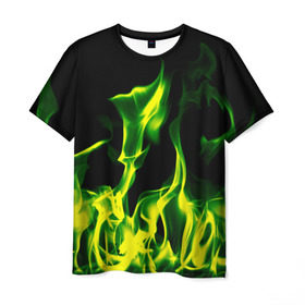 Мужская футболка 3D с принтом Зелёный огонь в Курске, 100% полиэфир | прямой крой, круглый вырез горловины, длина до линии бедер | Тематика изображения на принте: пламя | черный | яркий