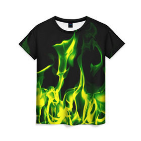 Женская футболка 3D с принтом Зелёный огонь в Курске, 100% полиэфир ( синтетическое хлопкоподобное полотно) | прямой крой, круглый вырез горловины, длина до линии бедер | пламя | черный | яркий
