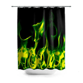 Штора 3D для ванной с принтом Зелёный огонь в Курске, 100% полиэстер | плотность материала — 100 г/м2. Стандартный размер — 146 см х 180 см. По верхнему краю — пластиковые люверсы для креплений. В комплекте 10 пластиковых колец | пламя | черный | яркий