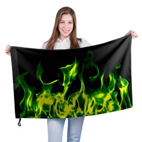 Флаг 3D с принтом Зелёный огонь в Курске, 100% полиэстер | плотность ткани — 95 г/м2, размер — 67 х 109 см. Принт наносится с одной стороны | пламя | черный | яркий