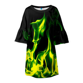 Детское платье 3D с принтом Зелёный огонь в Курске, 100% полиэстер | прямой силуэт, чуть расширенный к низу. Круглая горловина, на рукавах — воланы | Тематика изображения на принте: пламя | черный | яркий