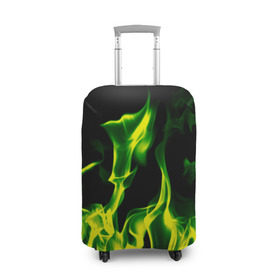 Чехол для чемодана 3D с принтом Зелёный огонь в Курске, 86% полиэфир, 14% спандекс | двустороннее нанесение принта, прорези для ручек и колес | Тематика изображения на принте: пламя | черный | яркий